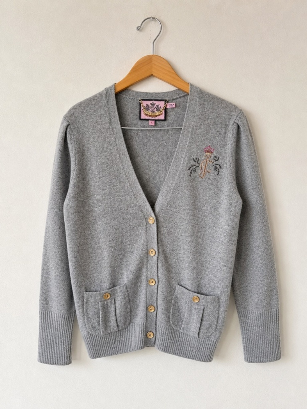 Y2K Juicy Couture Gray Wool Cashmere-Blend Crest Cardigan Sweater‎ Size L